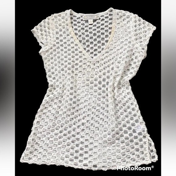 beyond vintage silk polyester mesh top see through white size small short sleeve - Picture 1 of 12